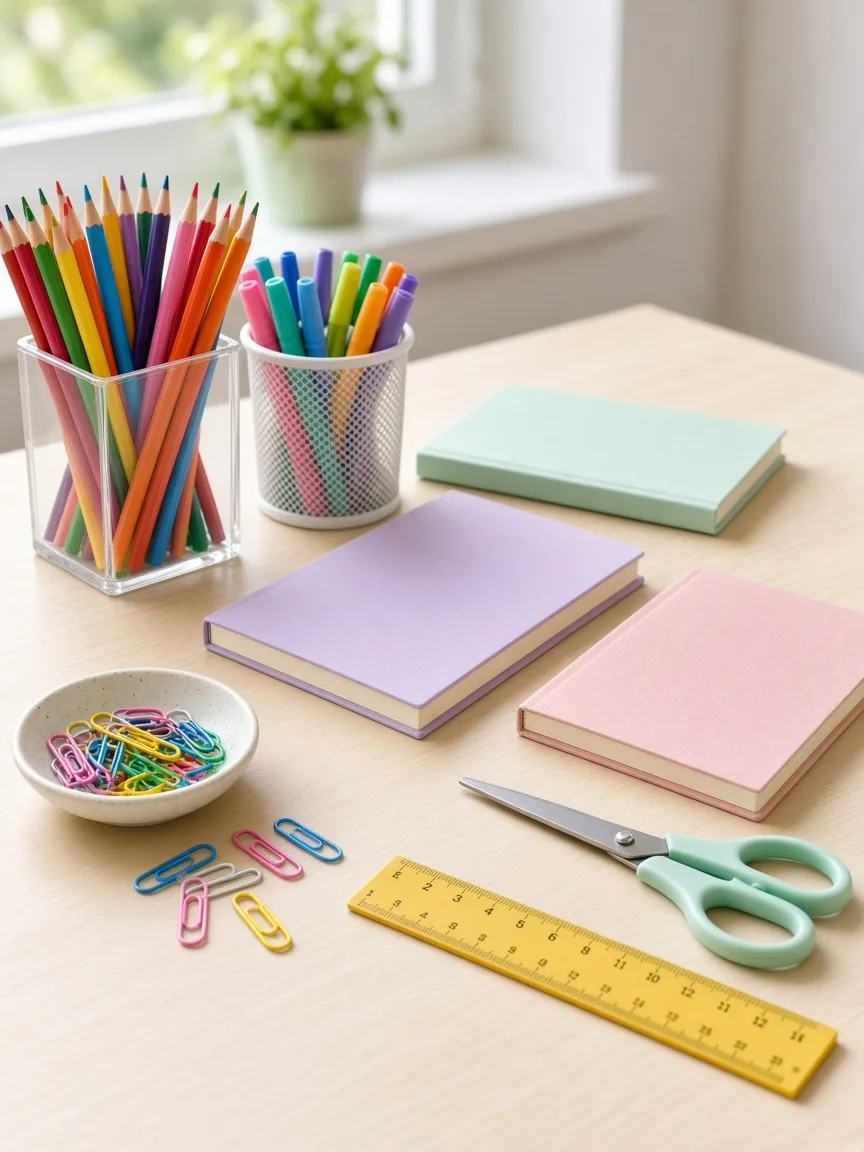 Material escolar organizado na mesa