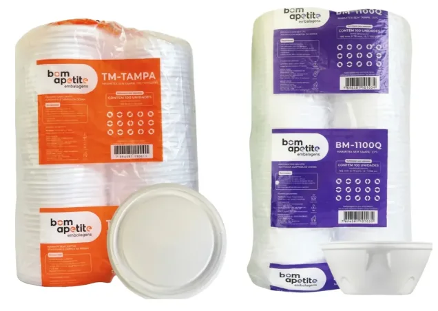 Kit Marmitex Isopor 1100ml Bom Apetite com Tampa 100 Unidades